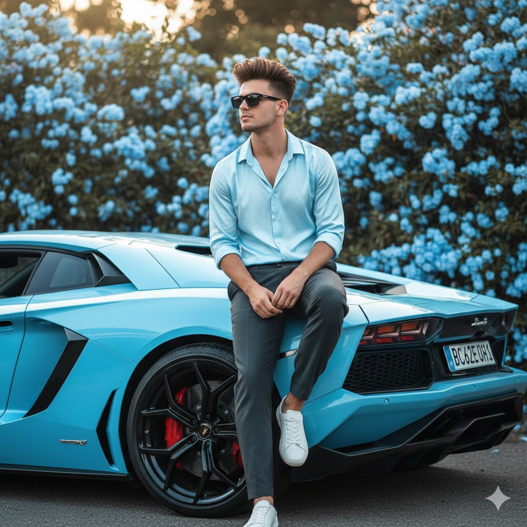 sky blue Lamborghini car pose